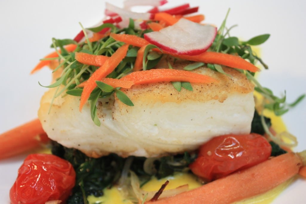 Market Fish: Halibut on a bed of Spinach with baby carrots and saffron sauce